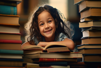 Little girl surrounded by books sits in front of an open book and smiles. Created with Generative AI technology.